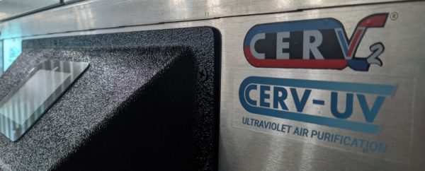 close-up of the CERV2, with sticker indicating the CERV-UV ultraviolet air purification option installed