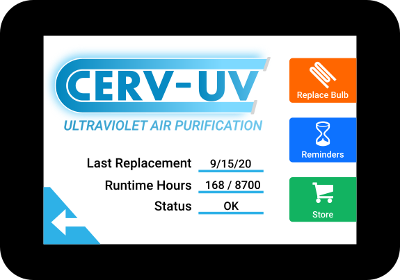 touchscreen interface showing overview for CERV-UV management.  The screen shows the last replacement time, runtime hours, and status, while also providing buttons to replace the lamp, set reminders, or visit the store to buy more lamps.