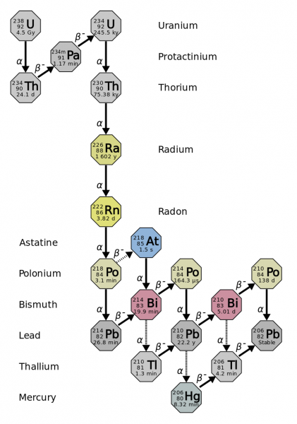 graphic depicting the decay of Uranium.  Pathway listed is: Uranium, Protactinum, Thorium, Radium, Radon, Astatine, Polonium, Bismuth, Lead, Thallium, Mercury