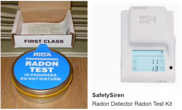 examples of radon testing devices.  left is a radon cannister, right is a digital radon sensor.