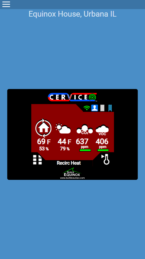 screen capture of the CERV-ICE app control interface.  The main home screen is shown, displaying indoor and outdoor temperature and humidity, CO2, and VOC.