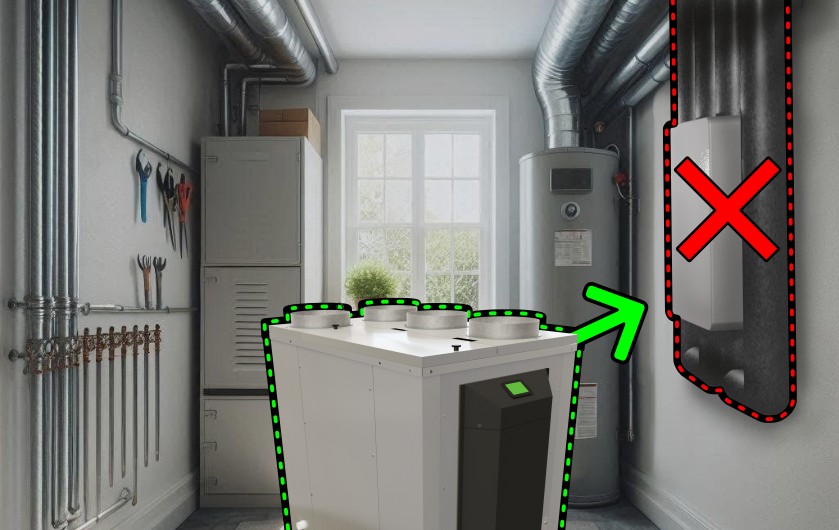 small utility room. ERV on the wall with a large red X. CERV2 highlighted in green.