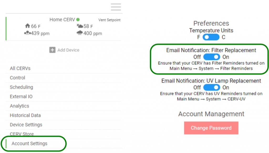 cerv-ice online interface.  to enable filter replacement reminders, click on Account Settings, then turn on Email Notification: filter replacement